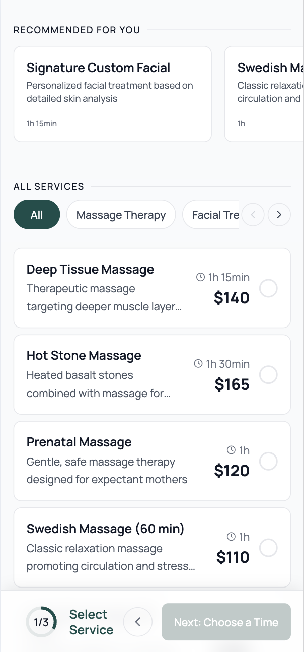 Frictionless direct booking flow — service selection