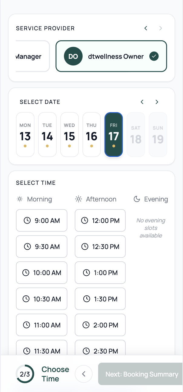Frictionless direct booking flow — date and time