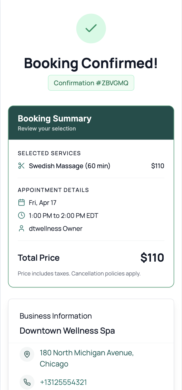 Frictionless direct booking flow — confirmation