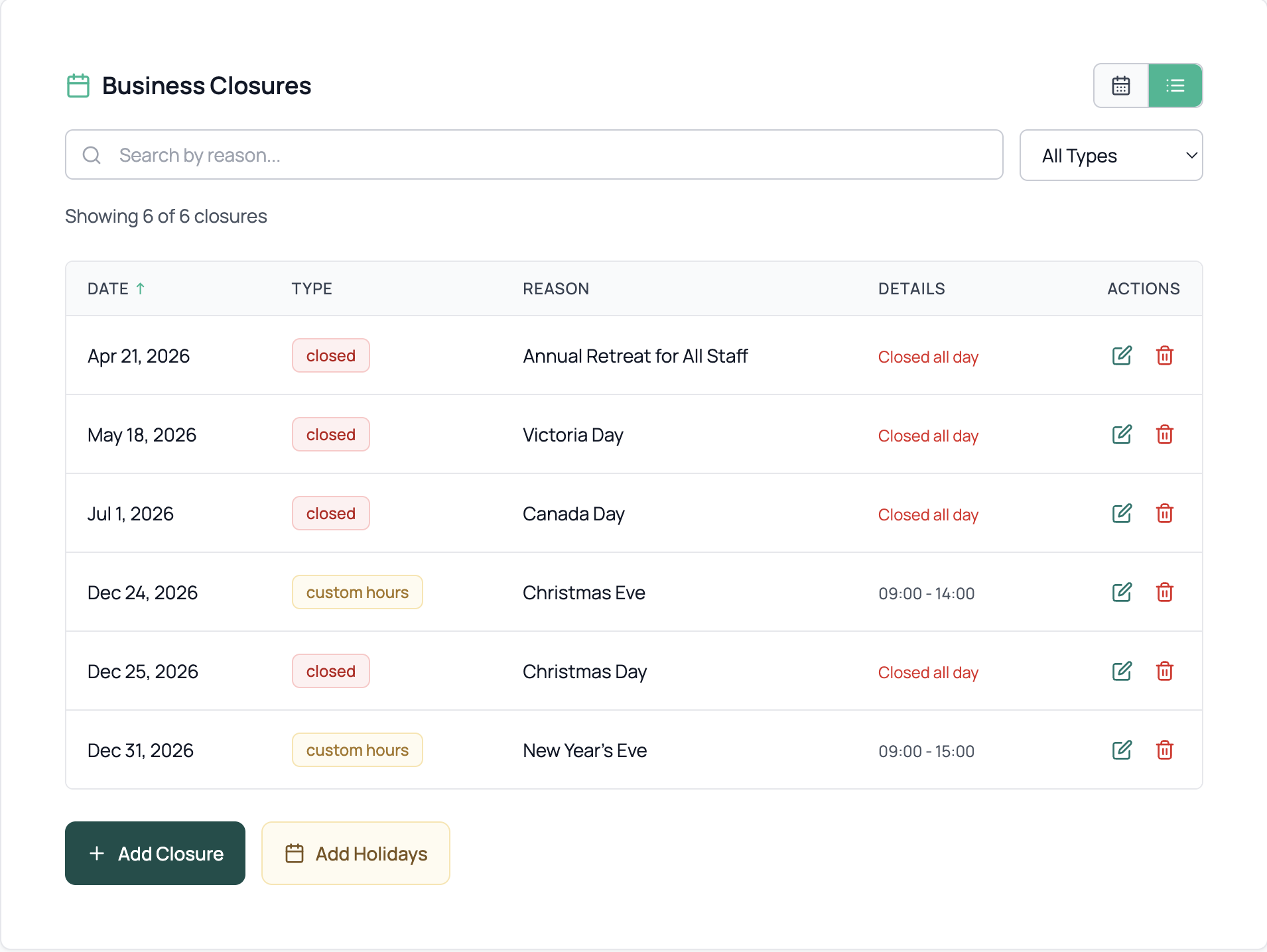 Manage business closures and holidays