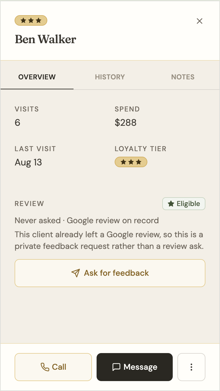 Client overview with contact details, preferences, and appointment context