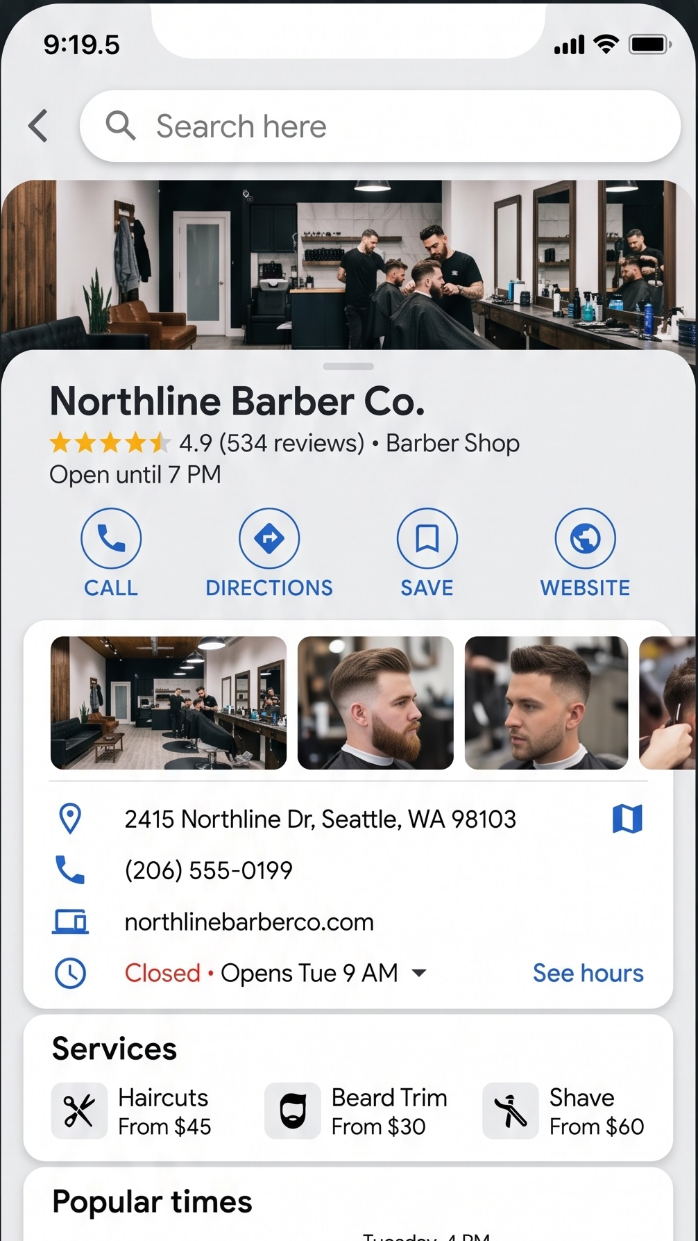 Google Business Profile panel showing a high overall rating built from client reviews