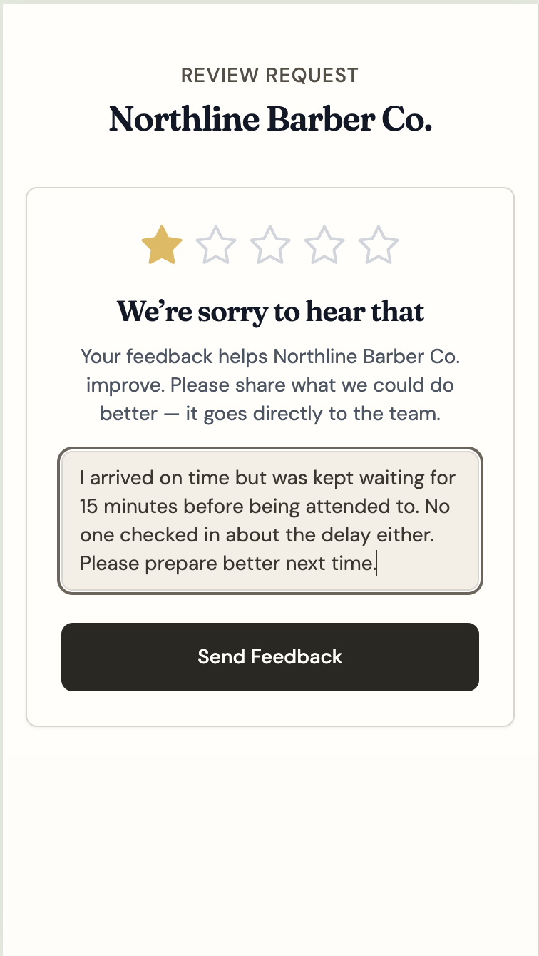 Feedback workspace where staff can call the client or mark the issue resolved