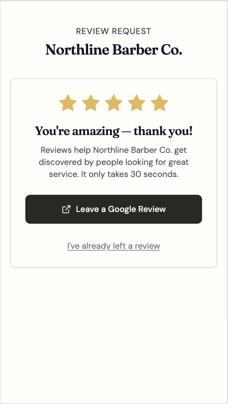 A real five-star Google review left by a client