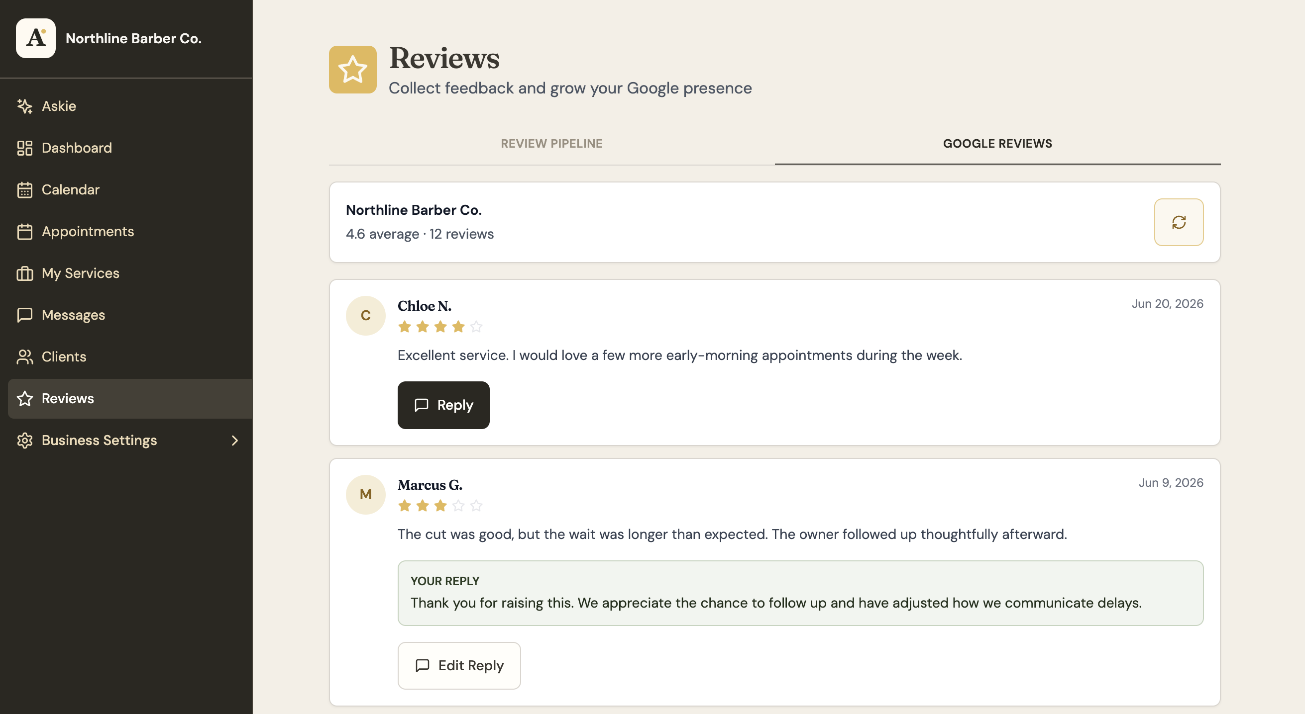 Recent Google reviews inside Askie with a personalized response draft waiting for owner approval