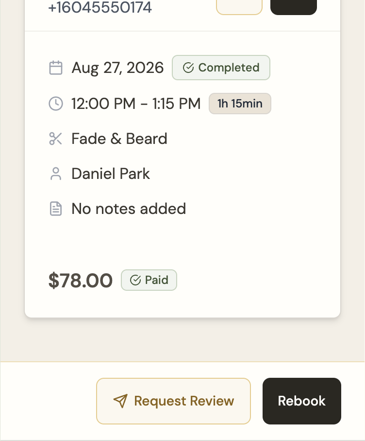 Askie appointment details screen with Request Review and Rebook actions