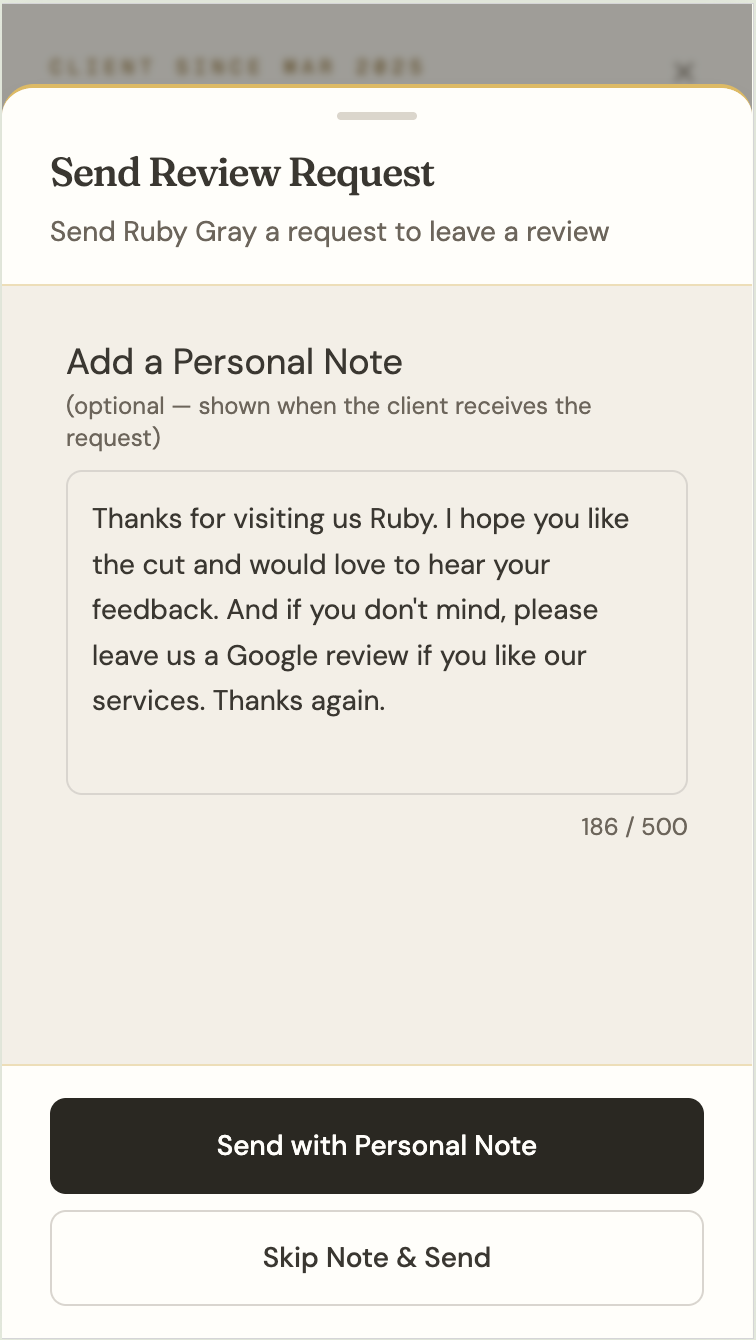Review request sent to a client after their completed appointment