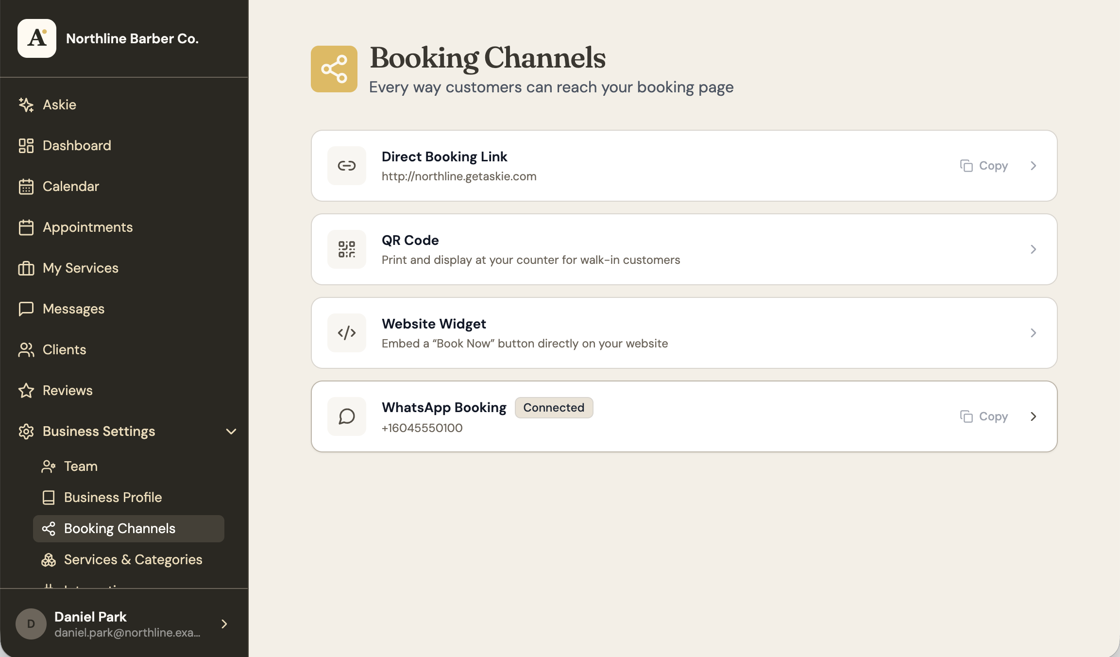 Booking channels settings page listing the direct booking link, QR code, website widget, and WhatsApp booking