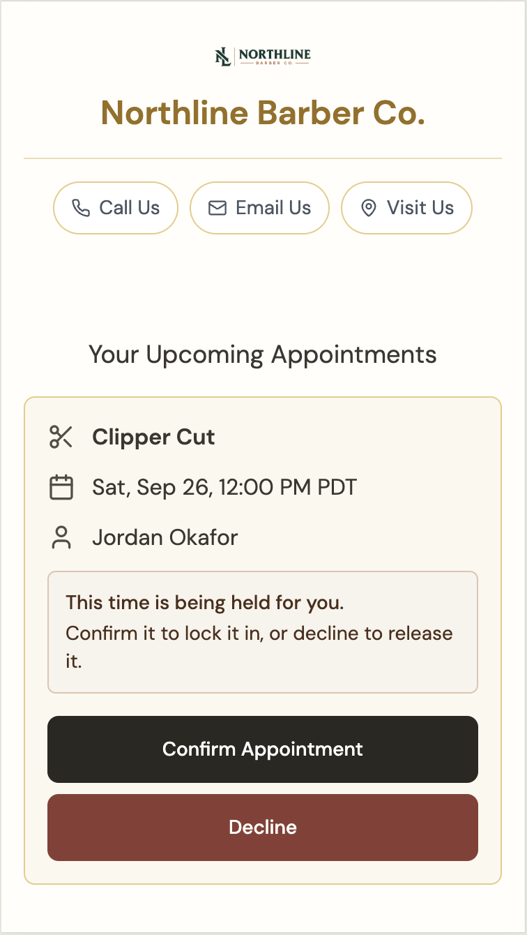 Client views upcoming appointments with options to cancel or reschedule