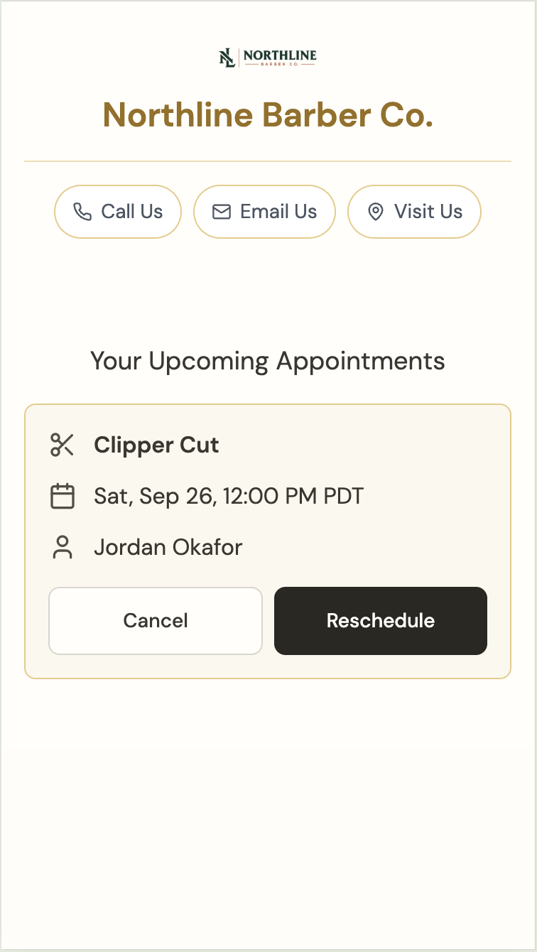 Client views upcoming appointments with options to cancel or reschedule