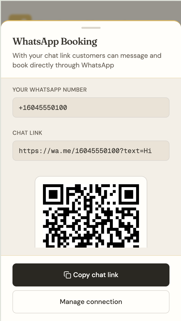 WhatsApp booking chat link and QR code shown on a mobile screen