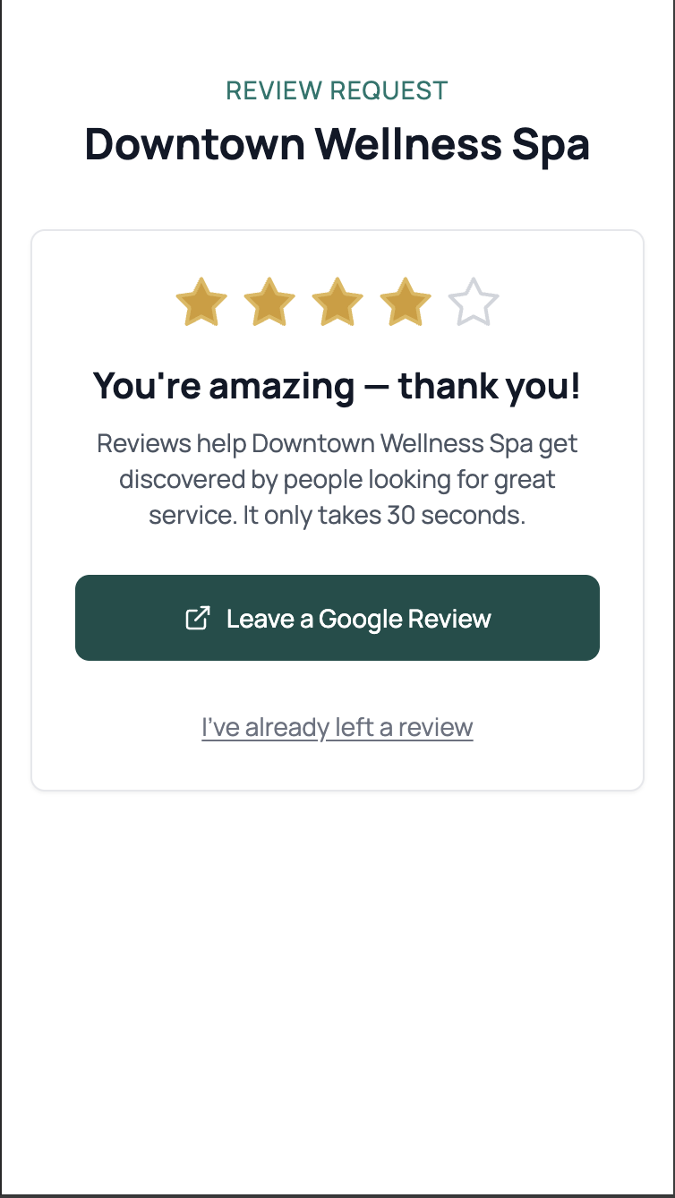 Positive flow suggests public Google review